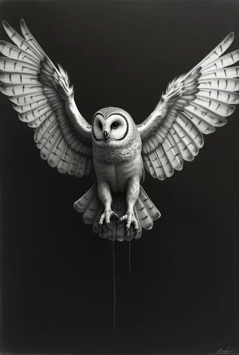 Charcoal drawing of an owl spreading its wings