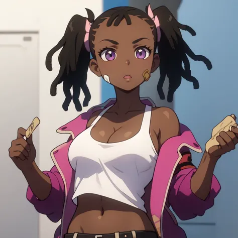 1girl, dreadlocks, solo, dark_skin, very_dark_skin, breasts, dark-skinned_female, twintails, midriff, cleavage, bandaid, bandaid_on_face, tank_top, navel, transparent_background, crop_top, purple_eyes, medium_breasts, belt, black_hair, jacket