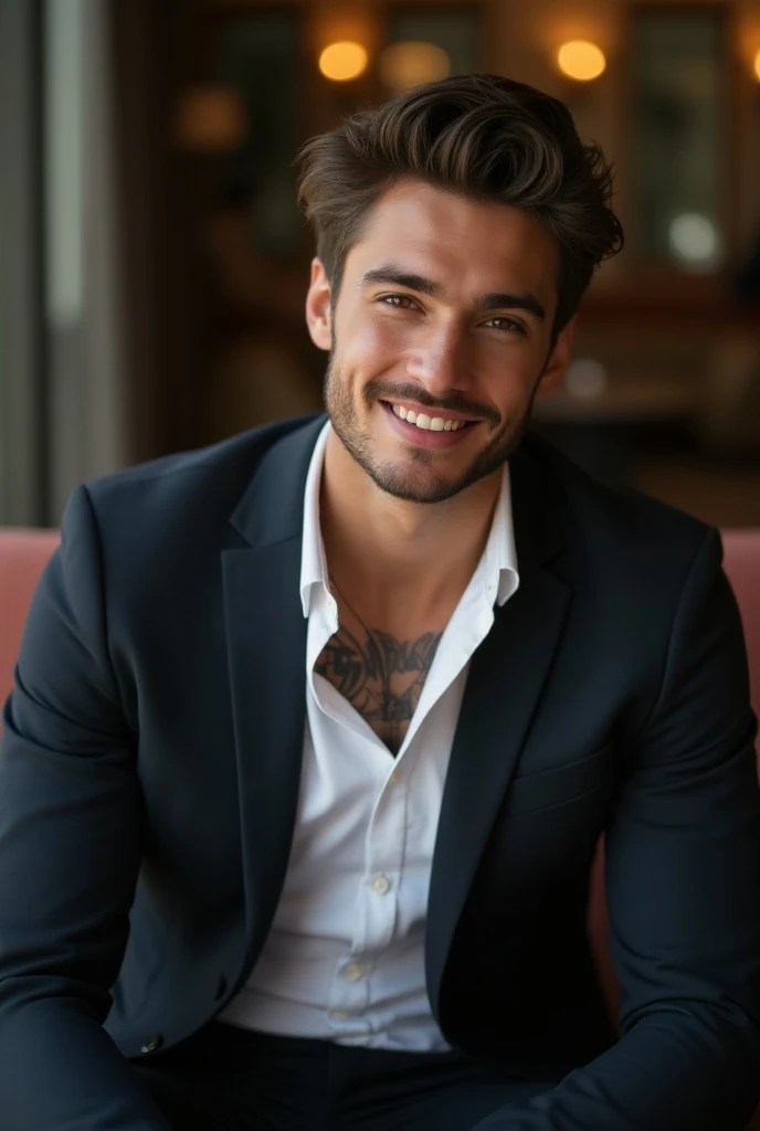 A young man of 26 years, elegant, athletic and attractive. White shirt. He is wearing a suit, fitted suite. He is sitting relaxed on a sofa. chest tattoos. letting out a laugh. Beautiful smile 
