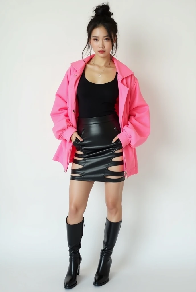 In the heart of a minimalist studio, a beautiful Korean woman exudes confidence and elegance. Standing, her posture is both relaxed and poised. She is adorned in a black tanktop latex and pink neon acid jacket and a mini skirt latex, both accentuated with ...