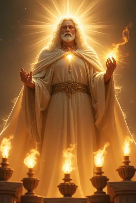  Visualize a majestic figure that radiates power .  He is described as having white hair like wool ,  symbolizing wisdom and purity , and his eyes are like flames of fire,  reflecting deep knowledge and justice .  His face shines like the sun in all its sp...