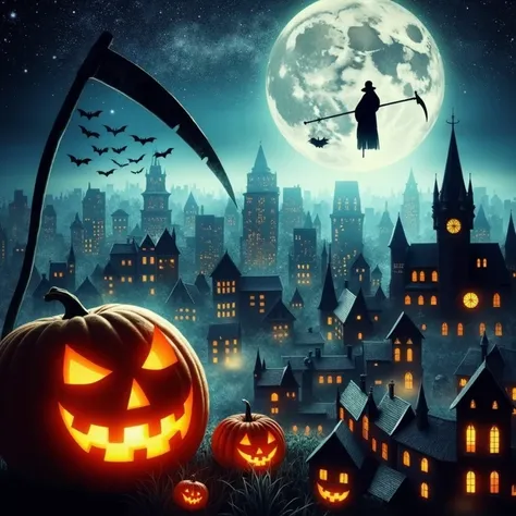 Illustration wallpaper， Haunted Nights  ， Halloween 、 Strange City  、Eerie cityscape、  Moonlight Night Legends 、 Pumpkins with a Sickle on their Head