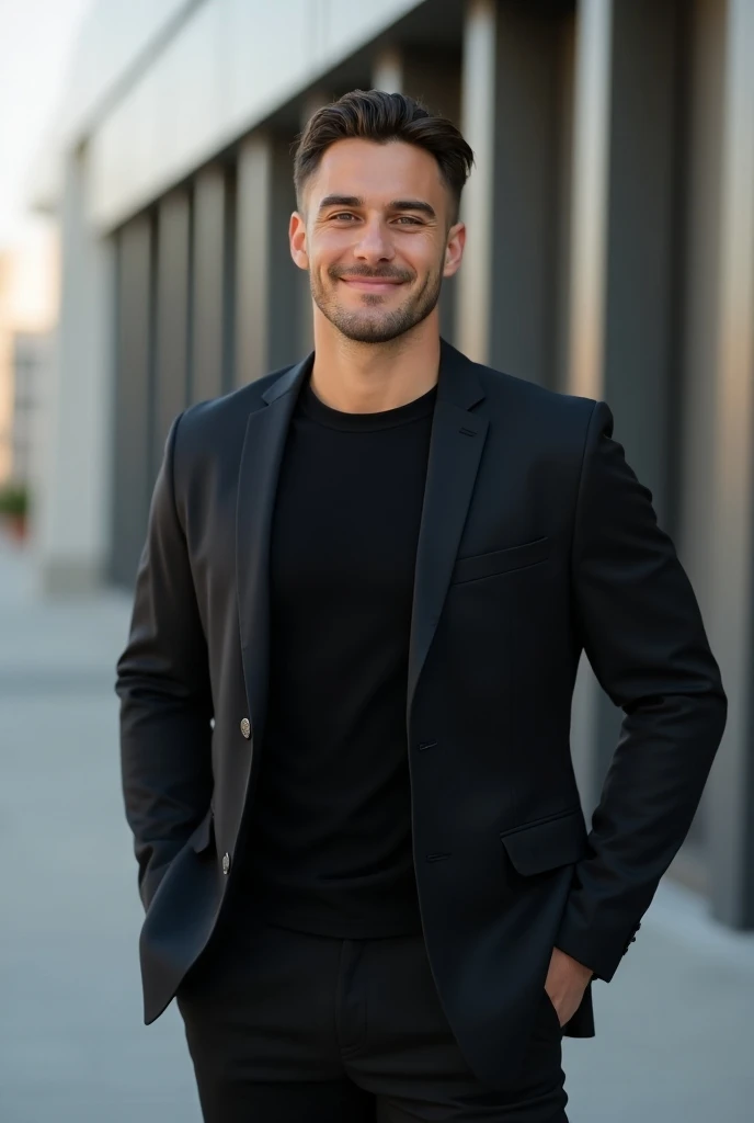 A young man of 20 years. athletic and attractive. He wears a black shirt and a tight suit.. relaxed. Building in the background half smile 