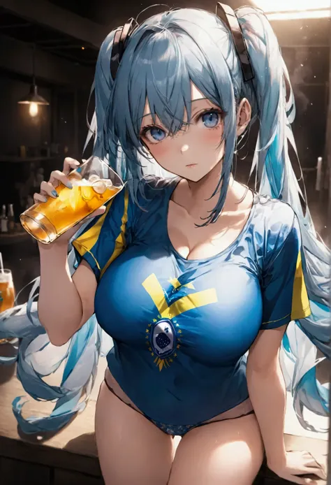 Brazilian Miku in panties wearing a big breasted Brazil shirt and drinking blue hair blue eyes