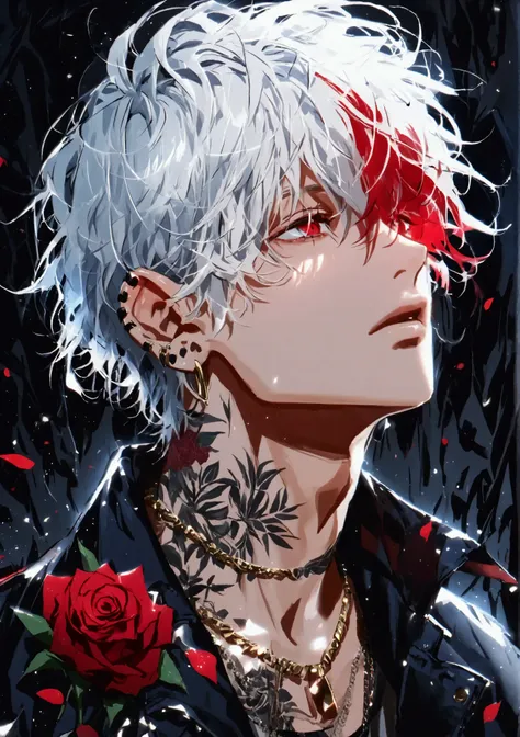 solo, alone, 1 male, white hair with red inner color,  short hair, messy hair, fluttering hair, red eyes, jacket, stylish, styli...