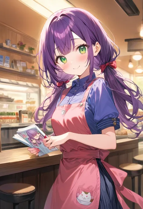 masterpiece, ultra detailed, beautiful, 16K, schoolgirl, smiling, looking at viewer, low twintails, blunt cut, purple hair, green eyes, tareme, droopy eyes, apron, waitress, in the cafe, kawaii, cute, beautiful, manga, soft-edged, color pencil drawing, cin...