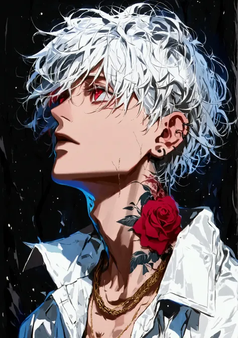 solo, Alone, 1 male, white hair with red inner color,  short hair, messy hair, Fluttering hair, Red eyes, jacket, Stylish, stylish, Ear Piercing, red rose tattoo on neck, Gold Necklace , oversized shirt, Look up, Black Background