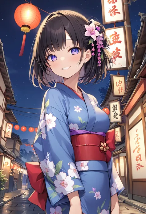 masterpiece, best quality, score_9, score_8_up, girl, petite, smile, yukata, night,