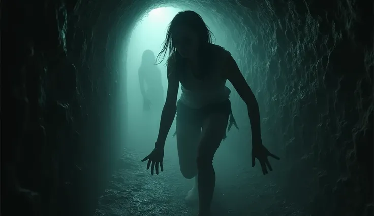 Looking down into a dark, eerie tunnel at night, where someone is exploring for a test of courage. A ghostly hand reaches up from the shadows, gripping their ankle tightly, with the persons terrified expression partially visible. The tunnel is damp, with c...