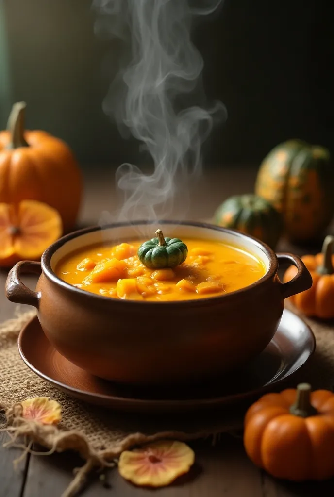 Pumpkin potage on the table, boiled pumpkin, green pumpkin, freshly made steam effect, delicious composition, delicious color adjustment, delicate textures, contrasts of light and shadow, artistic photography, hyper realistic, BREAK ultra detailed, absolutely resolution, best quality