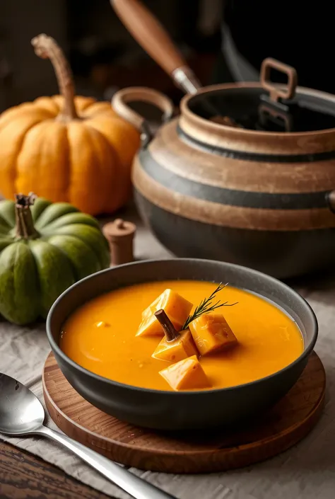 pumpkin potage on the table, boiled pumpkin, green pumpkin, freshly made steam effect, delicious composition, delicious color ad...