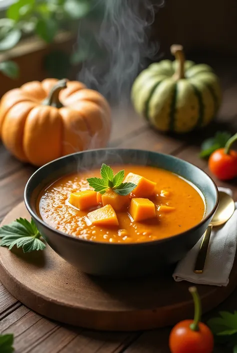 Pumpkin potage on the table, boiled pumpkin, green pumpkin, freshly made steam effect, delicious composition, delicious color adjustment, delicate textures, contrasts of light and shadow, artistic photography, hyper realistic, BREAK ultra detailed, absolut...