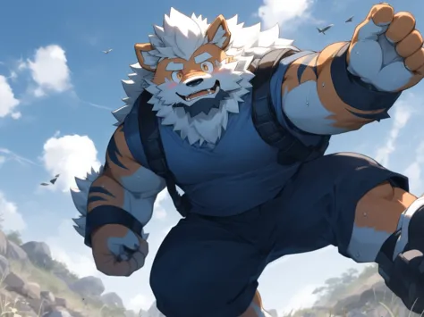 hairy, （arcanine）, beard, male, full body picture, social fear, blush, Looking shyly at the camera, sweat, battle field, dynamic poses, detailed background, Very detailed, breathable fabric, flexible outfit, dark neutral colors, subtle patterns or accents, futuristic design, lightweight protection, movement-friendly, Bird's-eye view, slightly tilted camera angle, reaching up with a hand, body suspended to climb, expressing strong dynamis, from above, dutch angle, masterpiece