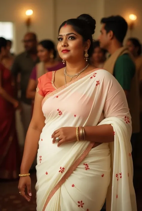 The plus size tall curvy aunty  wearing a white saree adorned with red polka dots, evenly scattered across the fabric, giving it a light and elegant appearance. The saree is draped traditionally, with the pallu flowing over her left shoulder, and paired wi...