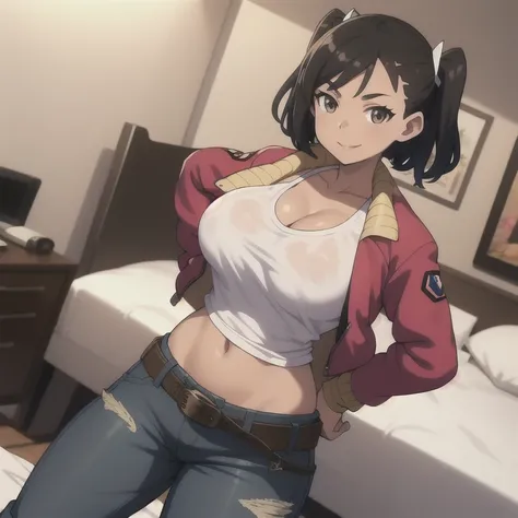 1 female, brown long messy anime hair, huge breast, thick legs, brown eyes, thick eyebrows, black jacket, red t-shirt, belly button, jeans, hotel room, in the bed, hands on hip, smile