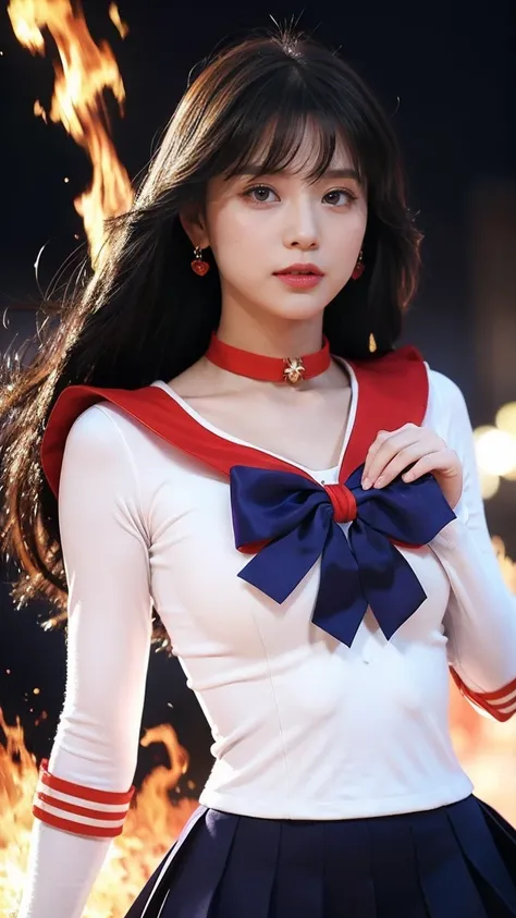 ((HD Real, Same 1 Level)), Extreme Real, masterpiece, Best Quality,  Kampala, Same 1, space, Stunning beauty,  Upper Body Shots ,  1 girl, Chest, Gloves, lips, Alone, Sailor Mars,  purple eyes, SM Uniform, See more1, Tiara,   Sailor Warrior Uniform , (RAW ...