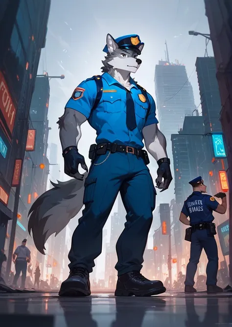 giant anthropomorphic grey wolf, male, wearing an american police uniform, black shores, big feet, in the city with tiny people,...