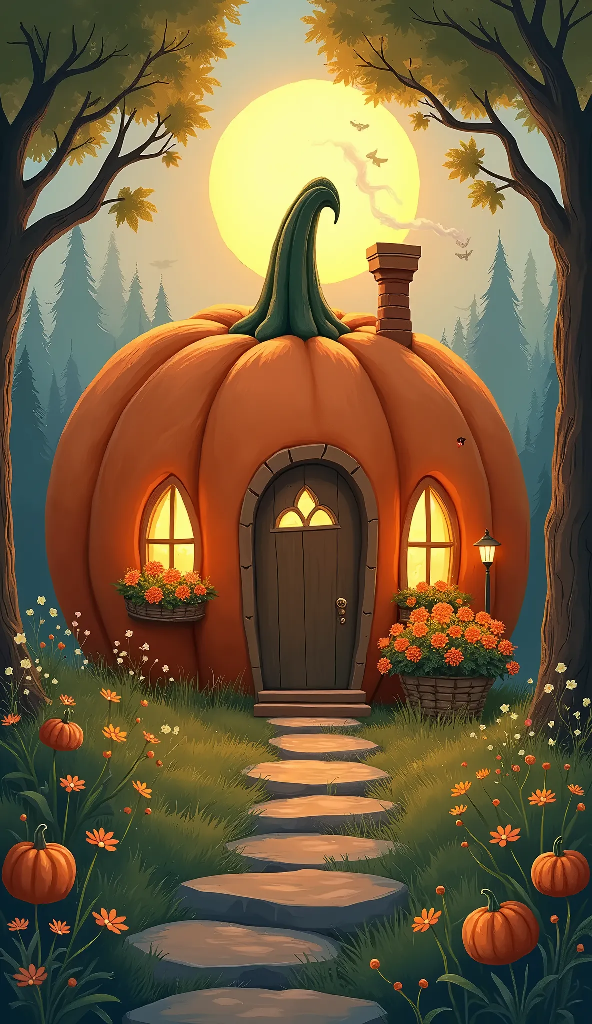 (( nomos country house shaped like a pumpkin :1.5)), fairytale style illustration for ren :1.4, idyllic, magical, Mystic,  soft lighting ,  from inside the pumpkin house , You can see light , in the background a forest,  medium-tall grass ,  a rocky path in the form of stairs , Wildflowers,  a basket with flowers at the entrance of the house,  a chimney that comes out of smoke ,  a lamppost at the entrance , It&#39;s almost night,  late sunset , UHD, Retina, masterpiece, Accurate, Super detail, high details,  high quality ,  award winning , best quality, highres, 1080P, HD, 16K