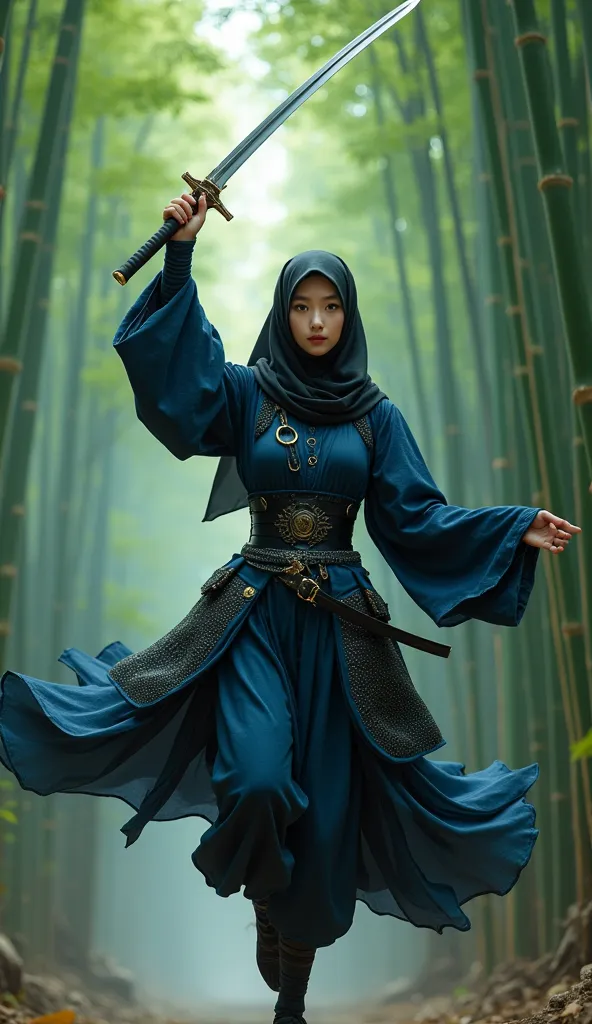 The face is visible, eyes nose mouth , beautiful japanese women,  wears tight hijab in black ,  with ninja armor ,  dark blue iron armor black combination,  posing flying while holding his steel samurai ,  wears ninja footwear that matches his armor ,  afternoon atmosphere of bamboo forest ,  light adds to the chemical aura of the ninja 
