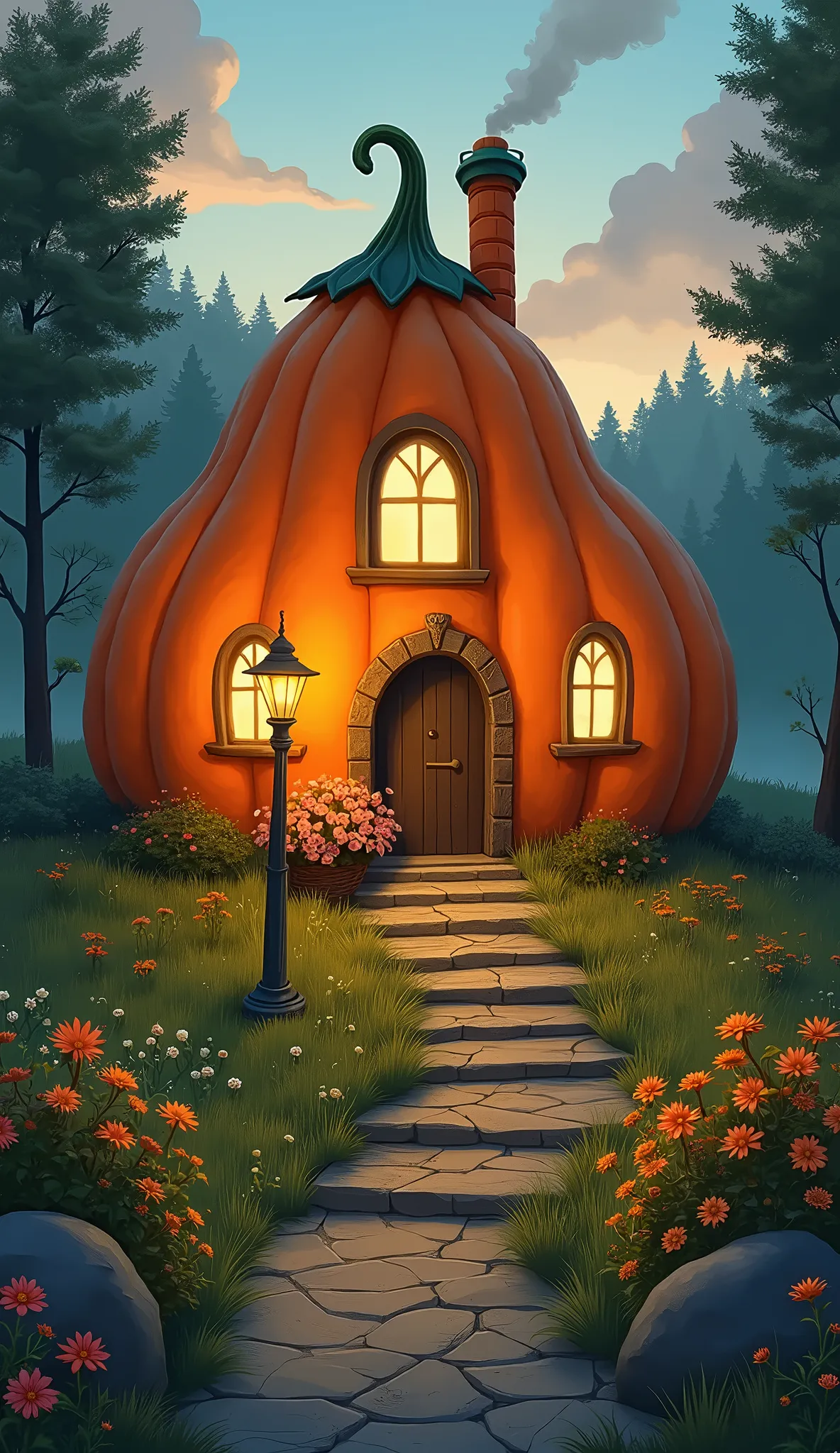 ((pumpkin shaped castle :1.5)),  fairytale style illustration for ren :1.4, idyllic, magical, Mystic,  soft lighting ,  from inside the pumpkin castle, You can see light , in the background a forest,  medium-tall grass ,  a rocky path in the form of stairs , Wildflowers,  a basket with flowers at the entrance of the house,  a chimney that comes out of smoke ,  a lamppost at the entrance , It&#39;s almost night,  late sunset , UHD, Retina, masterpiece, Accurate, Super detail, high details,  high quality ,  award winning , best quality, highres, 1080P, HD, 16K