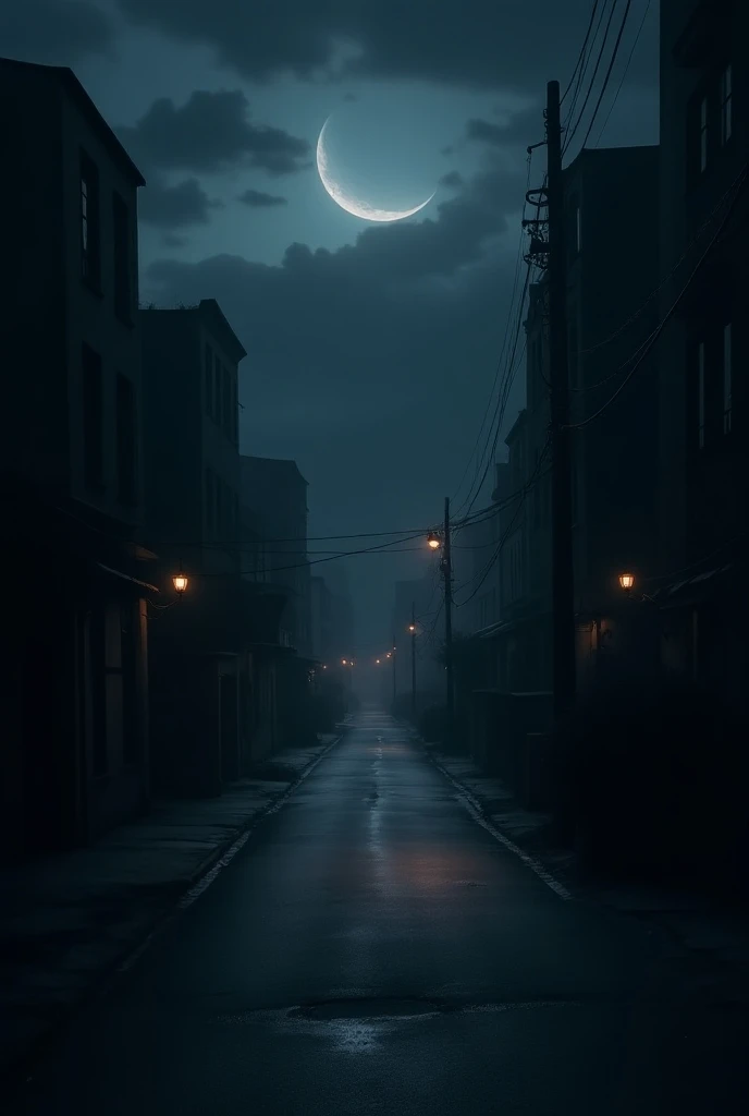 A dark, deserted street under a cloudy night sky, faint moonlight barely breaking through.