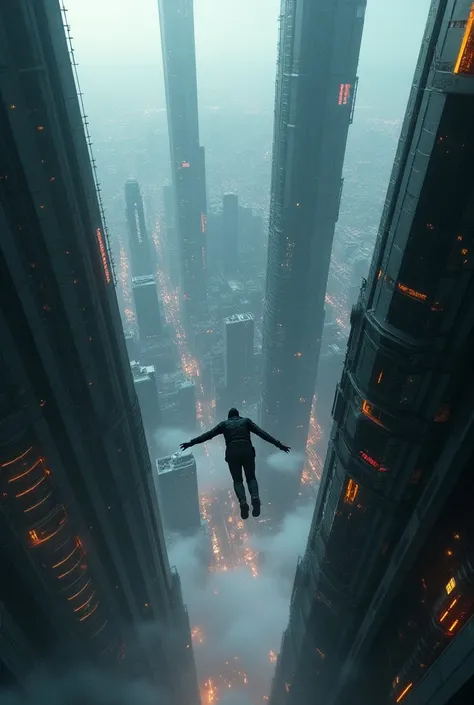 Skyscraper　 cyber city 　Man falling head over heels　Overlooking, 