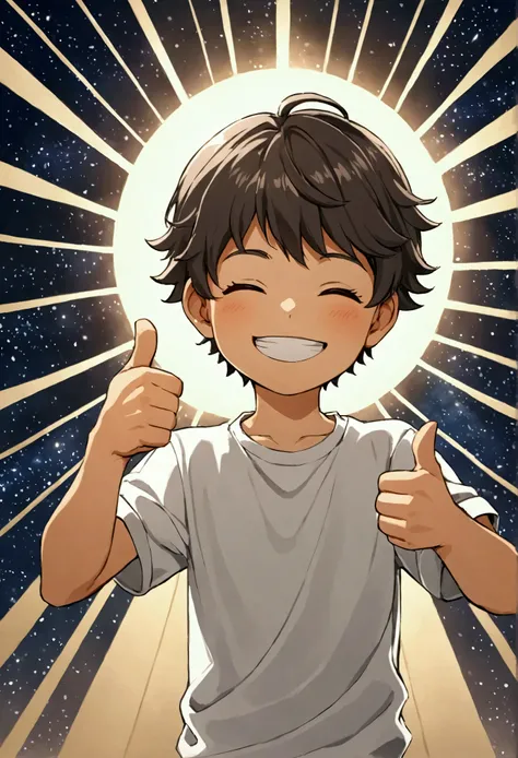 Menino de cabelo branco fazendo um sinal com o thumbs up, Boy smiling make  "ok" with the hand.  Boy smiling and closing his eyes happy , Whole body, menino de Whole body, anime, HD, thumbs up