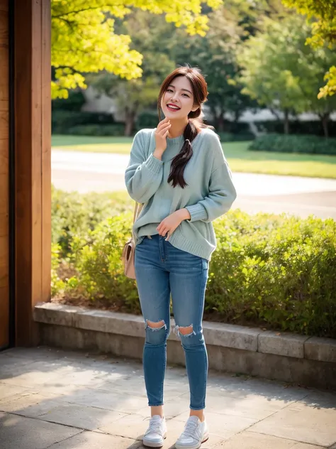 (masterpiece, highest quality), (Super Detail: 1.4) ,ulzzang-6500-v1.1, (Raw photo:1.2), (Photorealistic), (Genuine:1.4), (Full Body Shot:1.2), A woman,  25years old, Laugh with your mouth wide open,  low ponytail, Autumn casual clothes,  arms folded above...