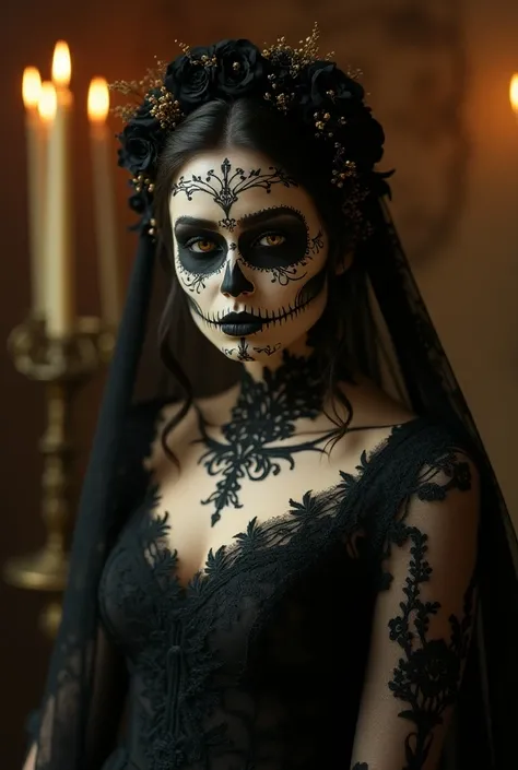 Mexican Día de los Muertos bride, intricate black lacework face paint, ornate golden flourishes, haunting amber eyes, vintage ivory lace veil, porcelain pale complexion, delicate skull artistry, gothic romantic portrait, sepia-toned atmosphere, antique dag...