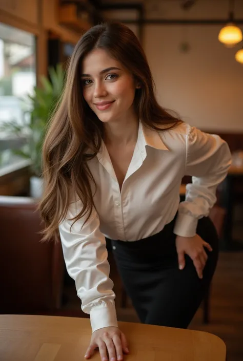 Realistic full body portrait of a young German waitress aged 25 ,  long hair, Necklace, smile. She playfully bends across the table in front of the camera in a shiny white satin long-sleeved shirt and a black pencil skirt..., restaurant ,glamour fotoshooti...