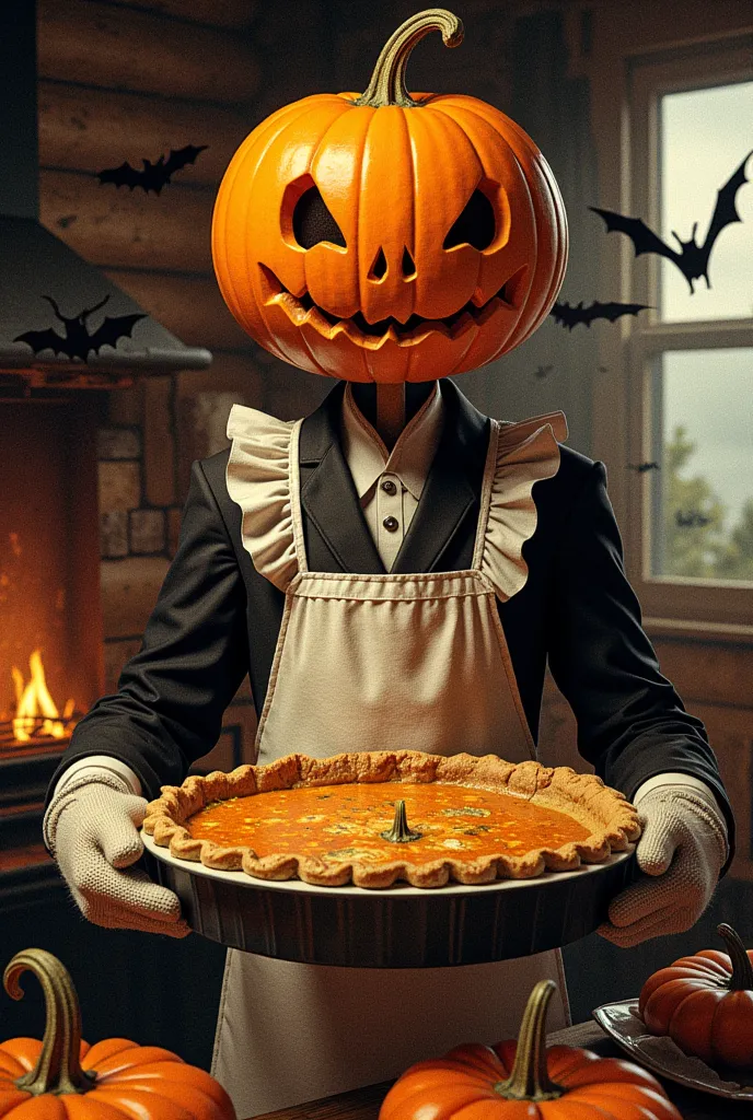  jack o' lantern :1.2, pumpkin head:1.2, Skinny, Black suit, White ruffled apron on top of suit ,  Wearing Mittens on Hands ,  Holding a Gratin Dish , oval baking dish :1.1,  pumpkin and herring pie ,  Pumpkins in it, Herring-shaped pie in the center of the pie , Inside the log house, Homely atmosphere,  bats flying around Jack , Burning Kamado 