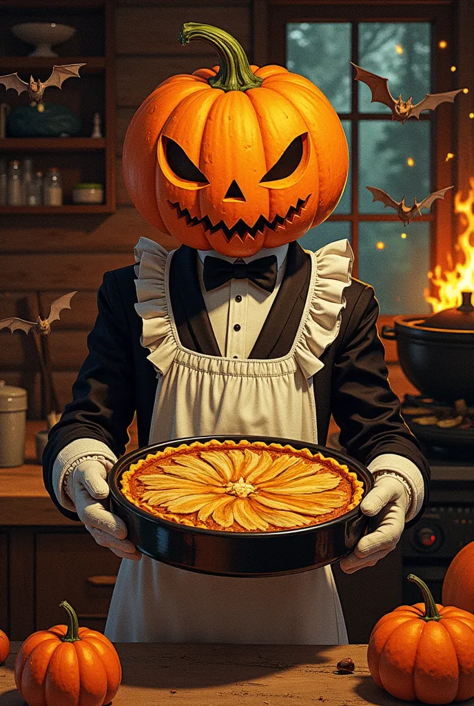  jack o' lantern :1.2, pumpkin head:1.2, Skinny, Black suit, White ruffled apron on top of suit ,  Wearing Mittens on Hands ,  Holding a Gratin Dish , oval baking dish :1.1,  pumpkin and herring pie ,  Pumpkins in it, Herring-shaped pie in the center of the pie , Inside the log house, Homely atmosphere,  bats flying around Jack , Burning Kamado 