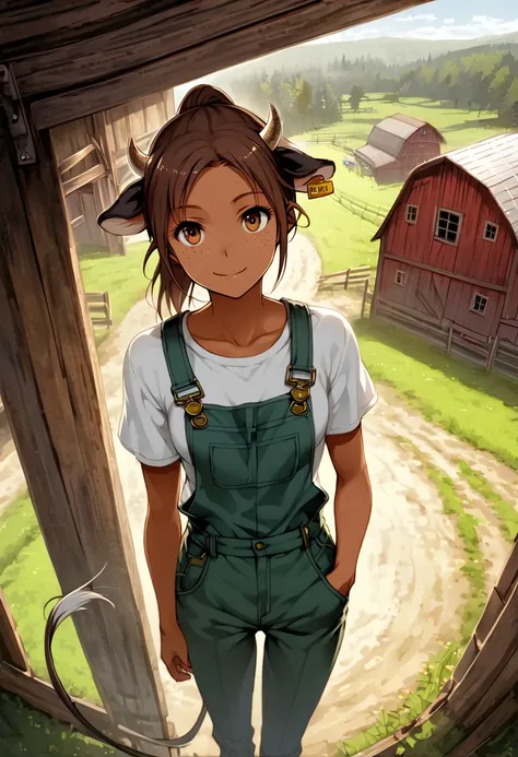 solo, male, broad shoulders, bull horns, tan skin, long brown hair, brown eyes, young male, farm, overalls, fit, cow tail, slender, thick waist, friendly smile, t-shirt, ponytail, barn, freckles, feminine male, mid body shot, ((only cow ears)), camera angl...