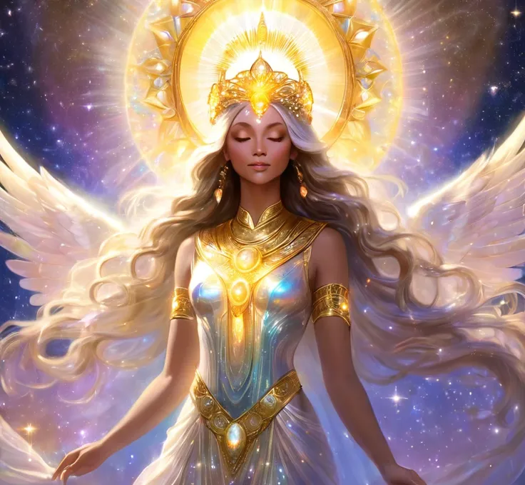 divine feminine goddess, light of love, iridescent glow, shning halo of gold