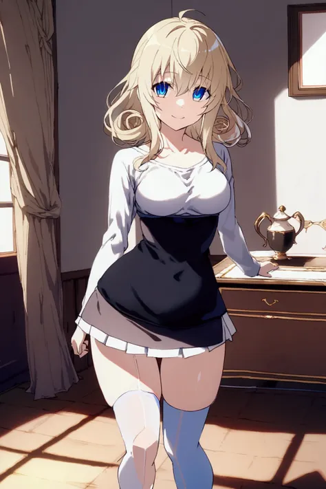 A , blonde hair, hair rolled at the ends , beautiful smile, standing, blue eyes, medium breast, looking at you, black t-shirt exponing torso, mini white skirt, sexy black stockings, room, Le fay Pendragon 