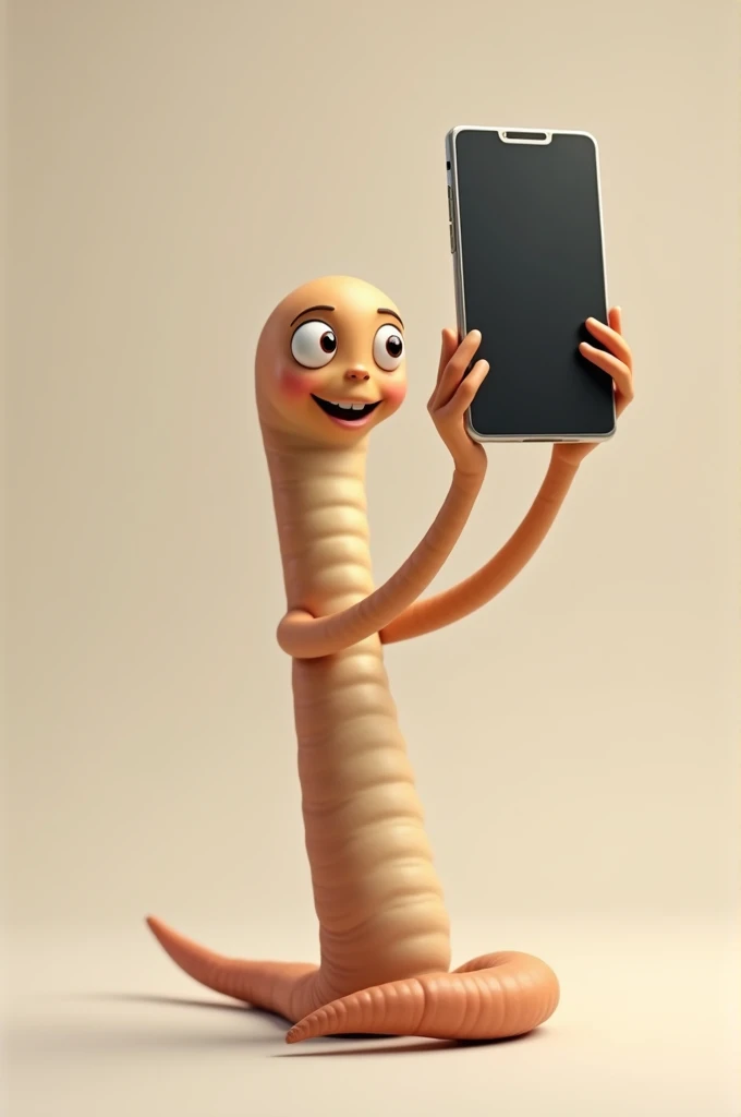 Give me the image of a thin light brown worm taking a picture with a cell phone and smiling