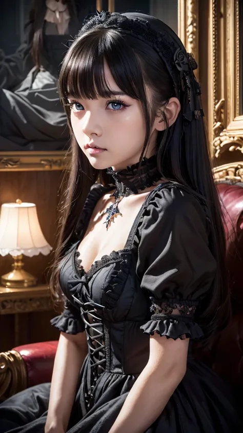 a beautiful gothic lolita girl, 1 girl, detailed facial features, beautiful detailed eyes, beautiful detailed lips, extremely detailed face, long eyelashes, black dress with frills, sitting on a black sofa, high resolution, ultra-detailed, (best quality,4k...