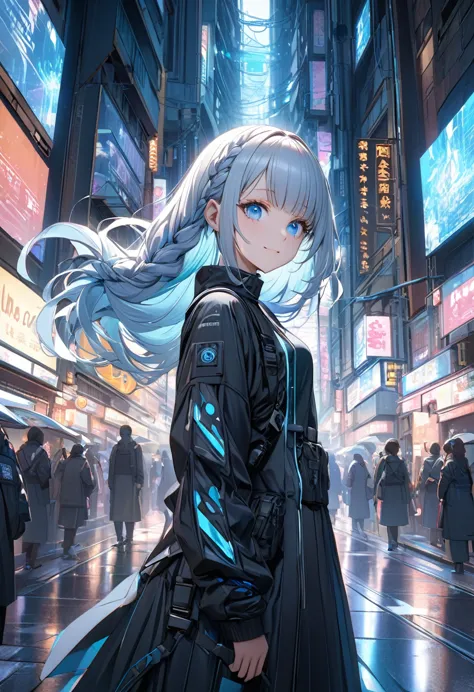 Visual impact,Cyberpunk theme,1girl,flowing hair,(hime cut:1.1),braid,side lock, (glowing eye:0.3),blue eyes,(big eyes:0.8),eyelashes,light smile BREAK,(holographic screen:), crowded bazzar street,japan street,street, looking to the side BREAK, techwear,cg, xill, glow, magical, analogous,bloom light, BREAK, (4K UHD,masterpiece,cg,anatomy correction,best quality),(abstract:0.4)