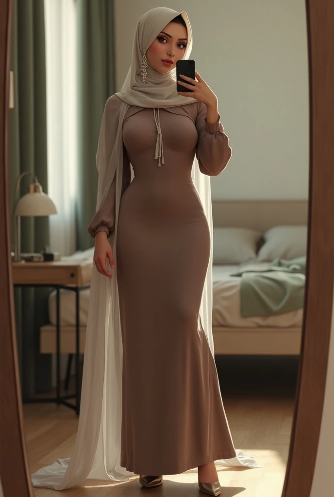 Fair skin teenage rosy muslimah Kylie Jenner skinny busty booty slim thick curvy flaunts huge curves in extremely skin tight body-hugging full muslimah long dress. Head covered and shoulder draped by Long transperent scarf. Long earrings. High heels. Takin...