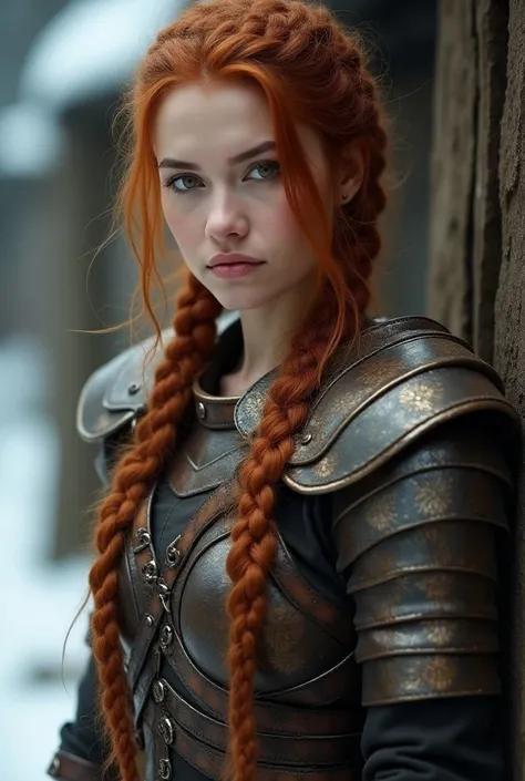 Generate hyper realistic image of a movie star transforming into an epic Viking warrior queen, featuring a fierce and braided hairstyle in fiery red and determined hazel eyes. She wears a stunning short skirt Viking-inspired armor ensemble, showcasing her ...