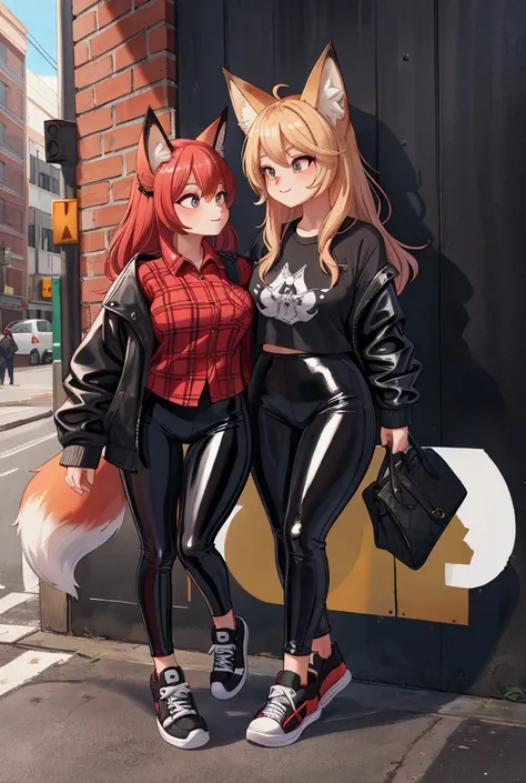 fox in plaid shirt, latex leggings and black sneakers