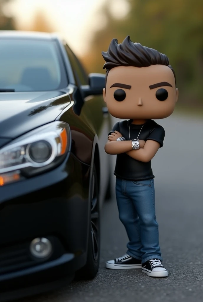  Create funko pop man dressed in black with blue pants , black sneakers and a silver watch .  brushed upwards , Still on the side of a 2011 Chevrolet Malibu car in black color with wheels and a road in the background