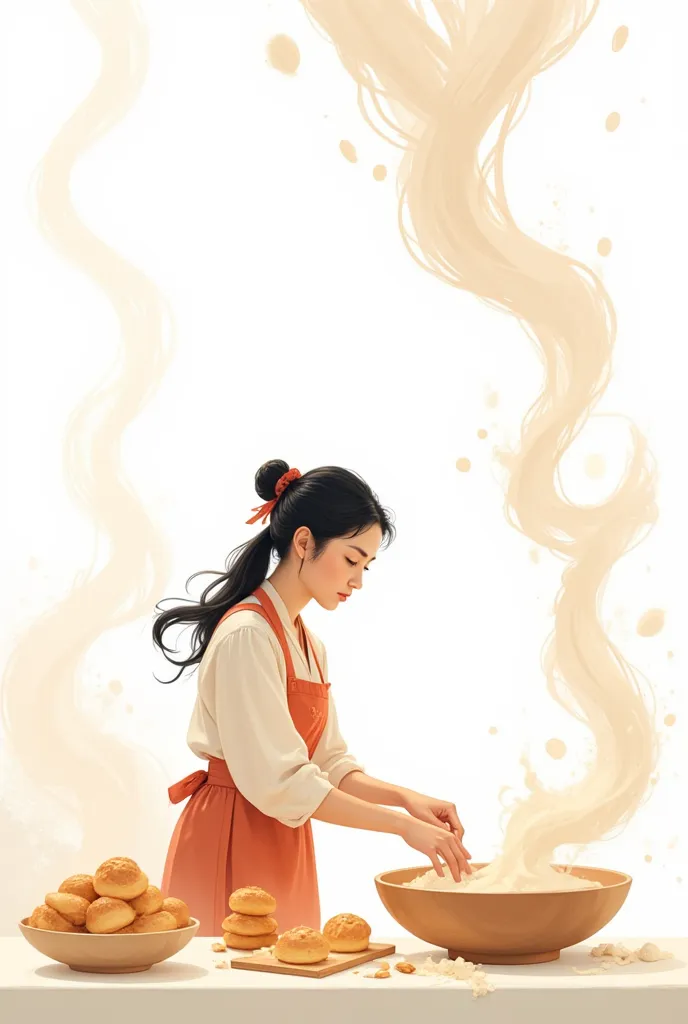 illustration, chinese woman preparing pastries surrounded by swirling swirls of flour and steam, whimsical style, intricate back...