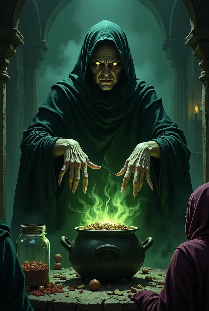 illustration, a witch with sunken, hollow eyes stands over a bubbling cauldron filled with dark green smoke; long, gnarled finge...