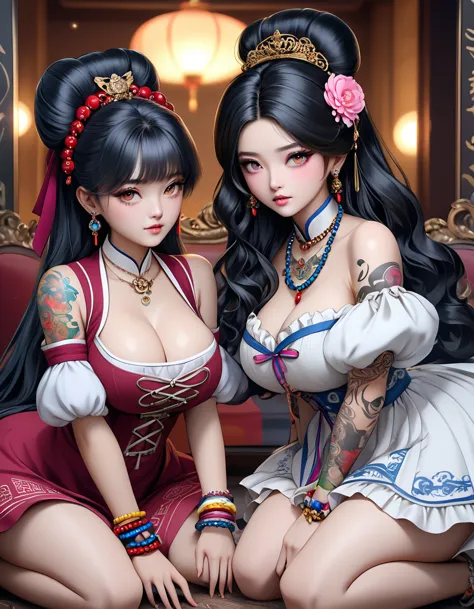  Masterpiece,Best Quality, beautiful eyes, cinematic lens effect, highly dramatic picture, ultra detailed, depth of field,((Busty Bitches)), 2girls, ecchi girl, Victoria era dress, bracelets, tattoo of Korean characters, colourful jewellery, sexy photoshoot , on her knees 