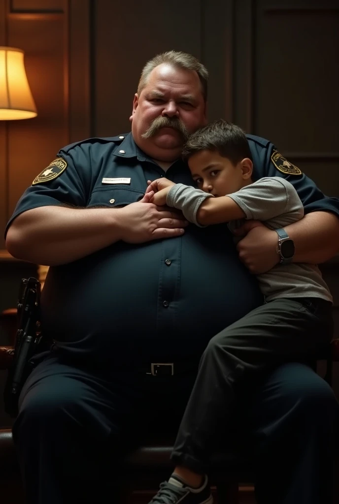  An old cop with a naked    , Thick mustache, very fat, obese, in uniform,   He has a big belly   ,      who is sitting in a chair at the bar and on top of him,    15-year-old boy hugging and kissing him     