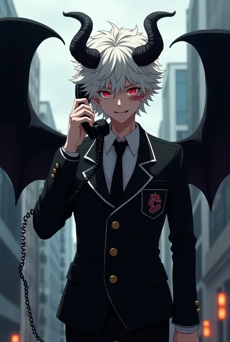 Anime boy with white curly hair, red eyes and a scar on the eye, black and big wings, big black horns, wearing the U uniform.a, fondo de my hero academia, With a telephone in hand