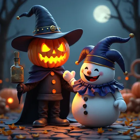 Jack OLantern and Jack Frost, from Megami Tensei. video game character, "pumpkin dressed as a witch from the black magician!!!, pumpkin with a witch hat and cape, Jack-o-lantern, floating in the air, scary but fascinating, pumpkin magician, Halloween art s...