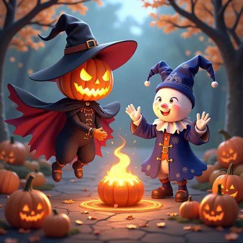 Jack OLantern and Jack Frost, from Megami Tensei. Anime Style video game character, "pumpkin dressed as a witch from the black magician!!!, pumpkin with a witch hat and cape, Jack-o-lantern, floating in the air, scary but fascinating, pumpkin magician, Hal...