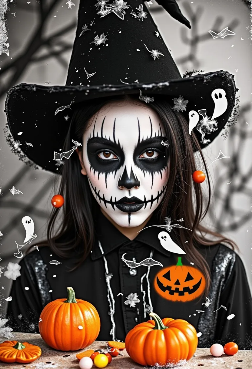 halloween-themed portrait photography, blending black and white and color, double exposure, 1girl, blurred halloween makeup port...